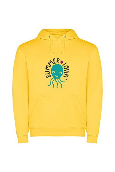 iLovePrints Summer's Floral Octopus Bliss Φούτερ με κουκούλα σε χρώμα Κίτρινο