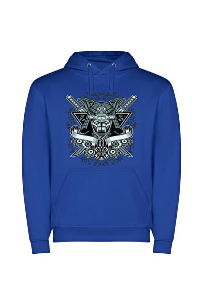 iLovePrints Masked Samurai: Inked Elegance Φούτερ με κουκούλα σε χρώμα Μπλε