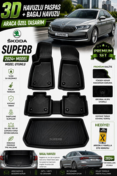 Genel Markalar SKODA SUPERB 2025 MODEL UYUMLU 3D ARACA ÖZEL HAVUZLU PASPAS+BA...