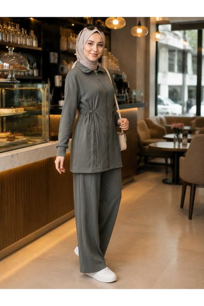 silarose Women's Zehra Dress Modal Fabric Comfortable Fit Two-Piece Islamic Tunic Set Bottom Top Zippered Pants with Pockets Wide Legs Elastic Waist