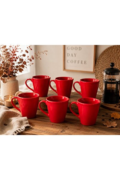 Kupa 6 Pcs Red Ceramic Cup Set, Stylish Design Tea, Coffee, Herbal Tea Cup Co...