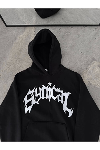 oniks store Three-thread hooded printed oversize sweatshirt - black