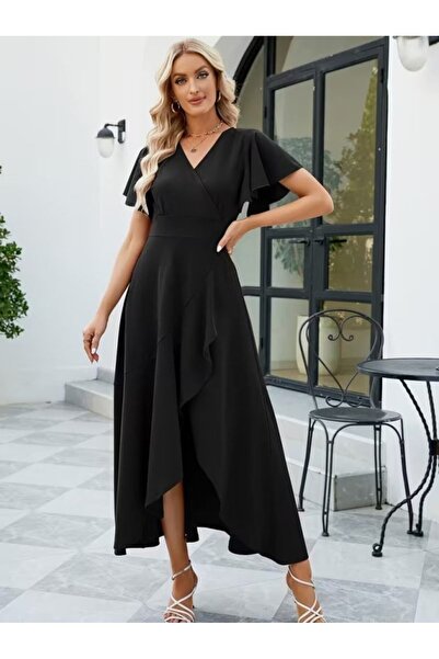 Generic Brand Women's Short Sleeve Double-Breasted Collared Front Asymmetrica...