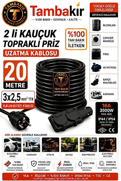 Tambakır 2'li Kauçuk Topraklı Uzatma Kablosu 5-50 Metre 3x2,5mm TTR Tekli %10...