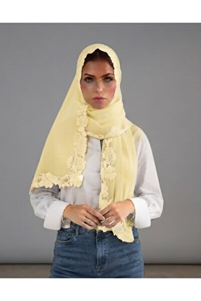 Veil Designer طرحه بوال اصفر نطريز الورد علي ثلاث اطراف من الطرحه تطريز يدوي ...