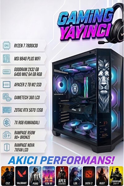 TOPLAMA LİON-5070 LCD RTX 5070 RYZEN 7800X3D 64 GB RGB RAM 6400 MHZ 2 TB M2