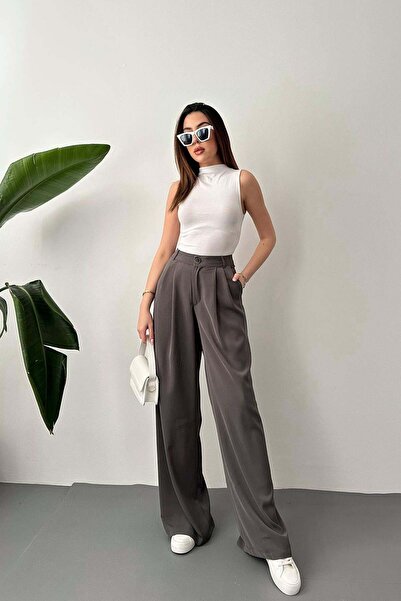 Moda Days Women's Smoked Pleated High Waist Wide Leg Woven Trousers with Side...