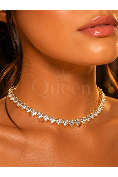 QUEEN AKSESUAR Lüks kristal kalp kesim Baget zikron taşlı choker kelepçe boyu...
