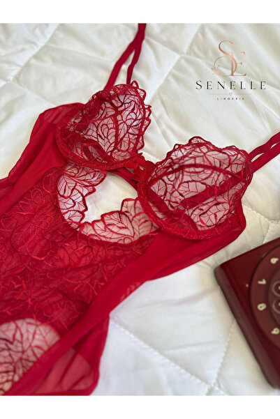 Kırmızı Yaprak Desenli Desteksiz Balenli Transparan Tül Dantel Bodysuit
