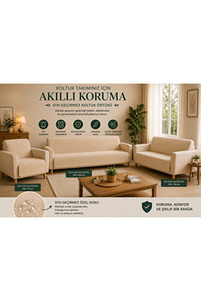 ARTASIX Krem Koltuk Takımı Örtüsü 3+3+1+1 Premium | Sıvı Geçirmez Kaymaz Yıka...