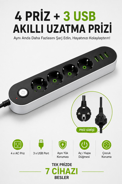Arfseb Akım Korumalı 3'lü Grup Priz 3 USB Şarj Girişli Anahtarlı 2500W 3 Metr...