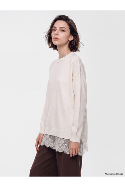 LC Waikiki Ecru Crew Neck Lace Detailed Women's Knitwear Tunic