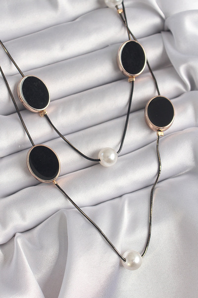 DMR Elegance Brass Black Color Chain Pearl Detailed Multiple Women's Necklace