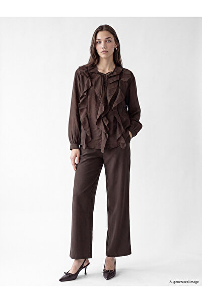 LC Waikiki Brown Elastic Waist Carrot Cut Pleated Women's Trousers