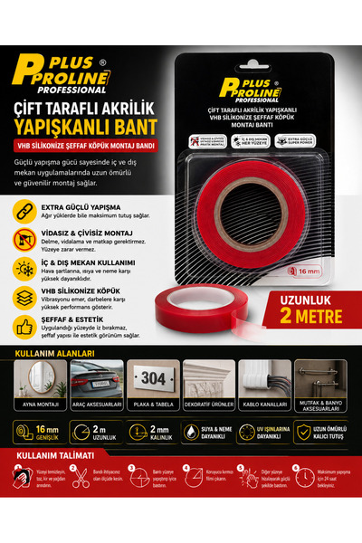 16 mm 2 Metre | Çift Taraflı Akrilik VHB Şeffaf Köpük Montaj Bandı | Güçlü Yapıştırıcı | İç & Dış Mekan | Silikonize Çift Taraflı Bant