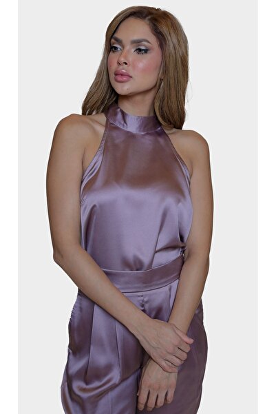 2TRENDY Women's Satin High Neck Sleeveless Blouse Light Mauve