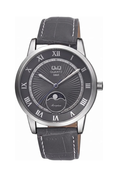 Q&Q Gri Kadran Moonphase Göstergeli Su Geçirmez Gri Deri Kordon Erkek Kol Saati