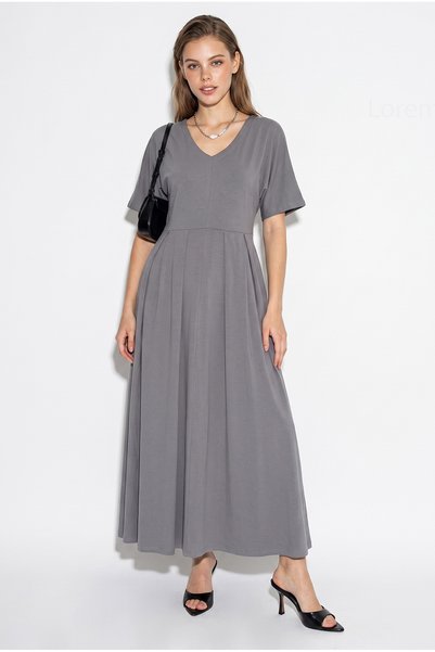 Bianco Lucci Women's Gray V-Neck Back Tie Detailed Pocketed Short Sleeve Long Dress 60286445