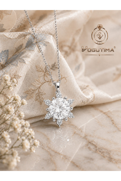 vogutima Kadın Gümüş Kolye - Pırlanta Montür Lotus Çiçeği Aşk Güneşi Beyaz Zi...