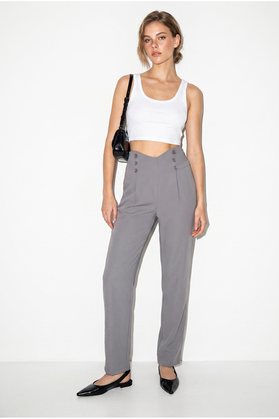 Bianco Lucci Women's Button Detailed High Waist Straight Leg Fabric Trousers ...