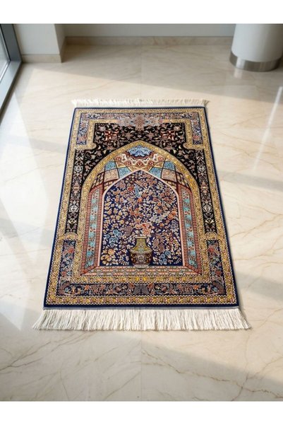 Reis Premium Bambu İpek 160 Tarak İran Halı Seccade Lacivert (125x80 cm) - Vazolu Cennet Bahçesi Motifli