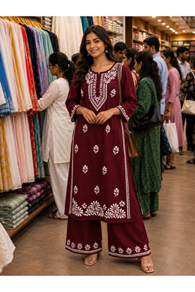 MYSMAR Maroon Chikankari Embroidered Kurti Set - CHK1003 | Maroon-Size:XL-42-...