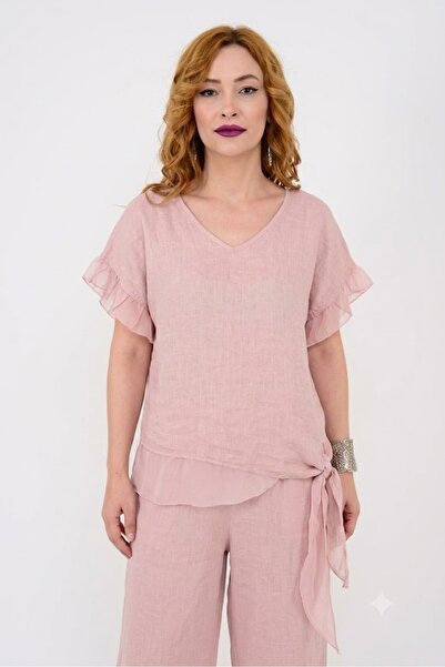 AYASOFYA OTANTIK Women's Italian Tie-Back Silk Detailed Linen Blouse