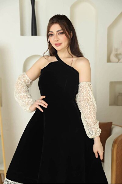 SELSAL Midi Juch Evening Dress with Lace Sleeves - S