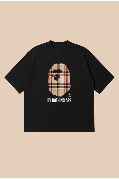 PURE POWER تي شيرت بني منقوش بطبعة Bape كبير الحجم وقصّة مربعة للجنسين مصنوع ...