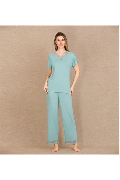 SS HOME CONCEPT Viscose Stylish Design Lace Embroidered Mint Green Short Slee...
