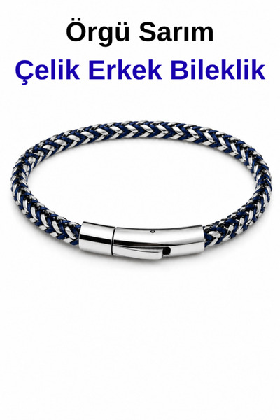 astro stone Erkek Çelik Bileklik Mavi Örgü Desenli Klipsli Kilitli Premium Pa...