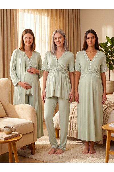 Lohusa Homewear New Season Green Piping Detailed Design with Easy Breastfeedi...