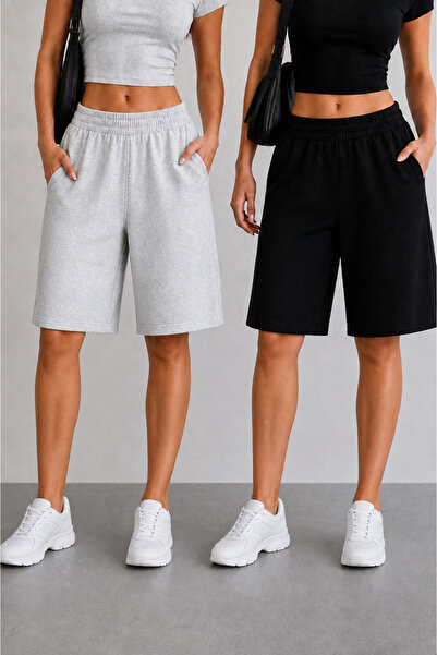 BERYY MODA Pantaloni scurți negri și gri pentru femei, cu talie înaltă, pentr...