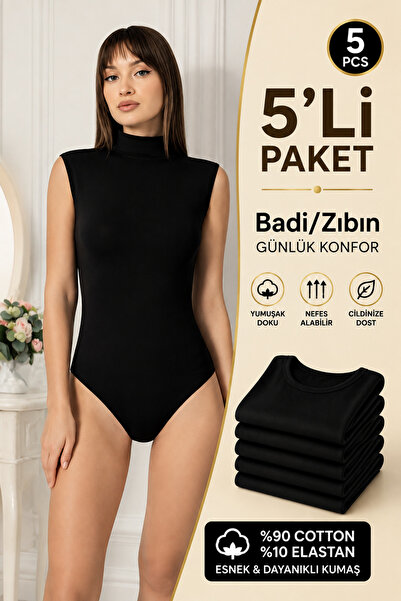 Altınay Women's 5-Pack Cotton Half Turtleneck Zero Sleeve Snap Fastener Bodysuit