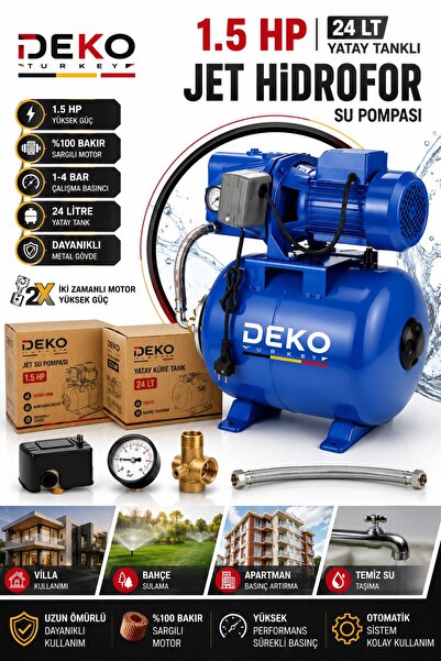 DEKO TURKEY 1.5 HP Bakır Sargılı Jet Hidrofor – 24 Lt Otomatik Basınç Artırıc...