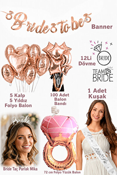 Baloncu Nene مجموعة Bride To Be Rose Gold Bekarlığa Veda مكونة من 5 قلوب و5 ن...
