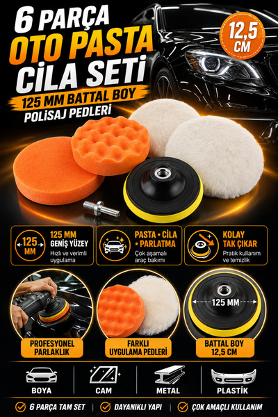 Hane Dostu 6 Parça 125 mm Oto Pasta Cila Polisaj Seti Sünger Keçe Parlatma Pe...