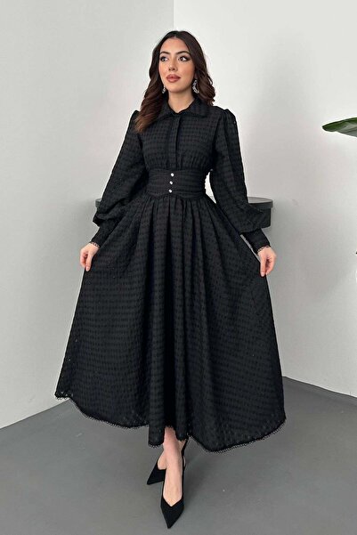 Clothes Fast فستان نسائي أسود متوسط الطول بياقة هاكيوم وأكمام بالون وحزام من ...
