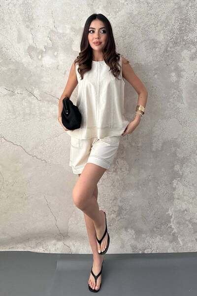 Moda Days Women's Beige Shorts Set Sleeveless Round Neck Stitching Detailed P...