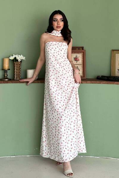 Clothes Fast فستان ماكسي نسائي أبيض بدون حمالات مع وشاح بنقشة زهور على شكل حرف A