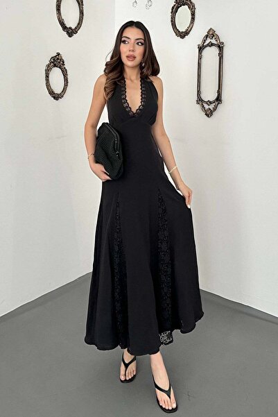 Moda Days Women's Black Halter Neck Lace Detailed Tie-Up Lined Maxi Dress