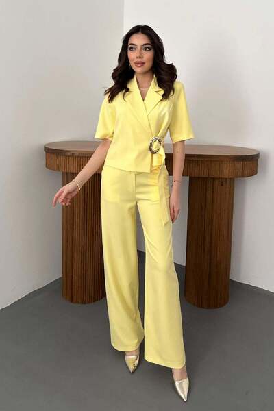 Clothes Fast طقم سترة وبنطلون نسائي باللون الأصفر، سترة وبنطلون بمشبك، سترة ب...