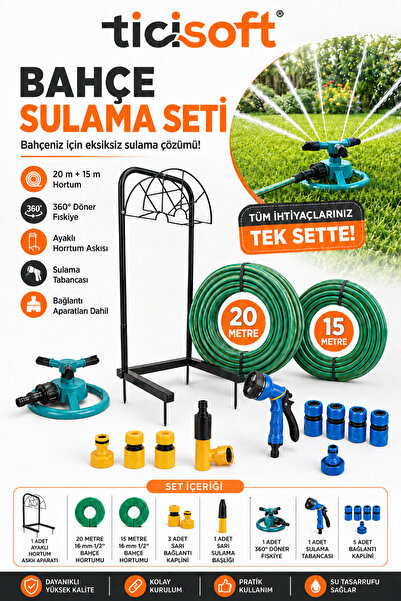 Ticisoft 35 Metre Bahçe Sulama Seti 20 m + 15 m Hortum, Ayaklı Hortum Askısı,...