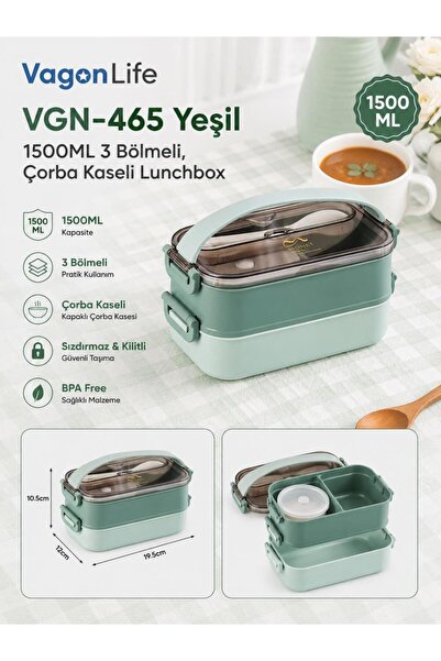 Vagonlife VGN-465 Yeşil 1500 ml Kapasiteli 3 Bölmeli Çorba Kaseli Lunch Box B...