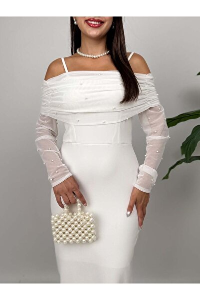 Moda Days Women's White - White Off-The-Shoulder Pearl Detailed Tulle Sleeves...