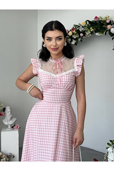Moda Days فستان نسائي وردي متوسط الطول بنقشة منقوشة وياقة دانتيل وأكمام مكشكشة
