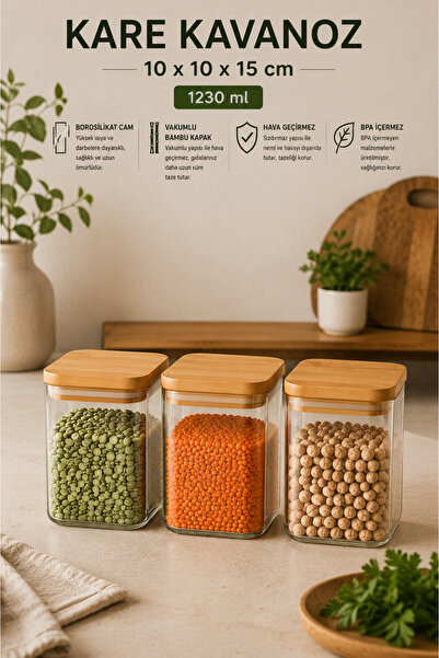 Karçiçeği Home 6’lı 1230 ML Kare Borosilikat Cam Saklama Kavanozu – Vakumlu Bambu Kapaklı – 10 × 15 cm - 8459-1