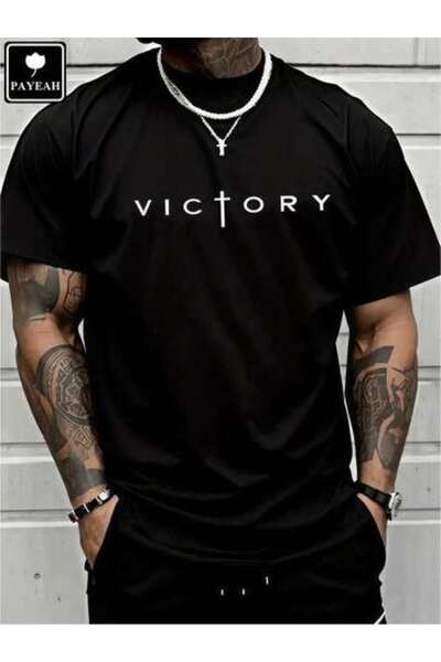 9JY 1pc Mens Clothes Victory Letter Print Black TShirt, Unisex Casual Crew Ne...