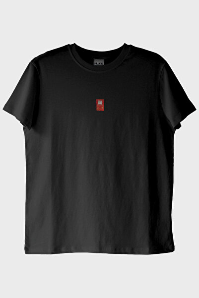 lofux Red Hand-Embroidered Patterned Embroidery Black T-Shirt