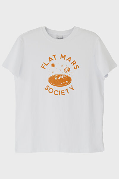 lofux Flat Mars Society Printed Space Themed White T-Shirt